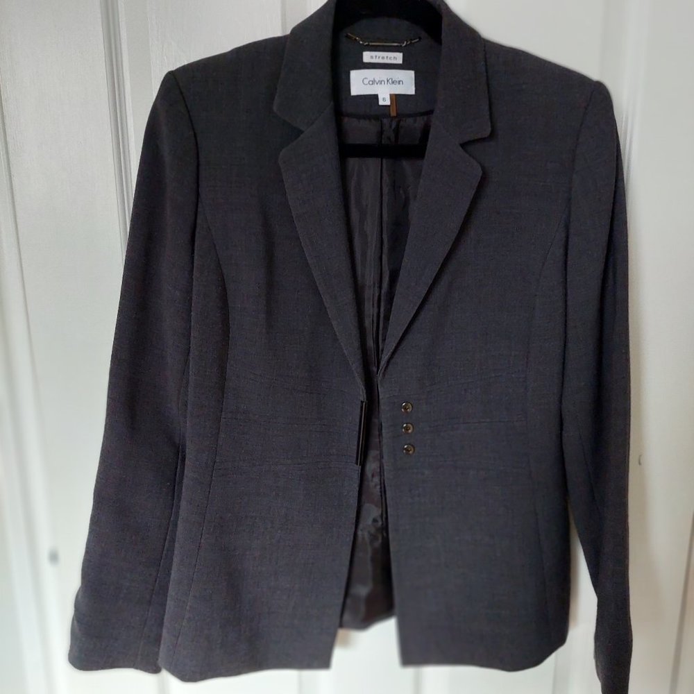 Calvin Klein Women Sz 6 Stretch Metal Unique Metal Hook-and-eye Blazer Gray